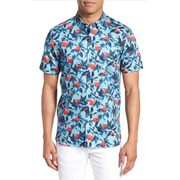 Ted Baker London Other - Ted Baker London Trim Fit Apple Print Short Sleeve Sport Shirt In Blue M/L